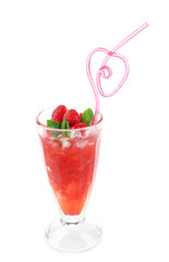 Strawberry lemonade with ice in glass, isolated on white