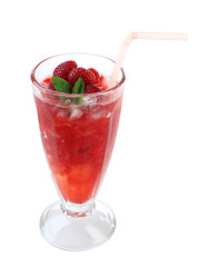 Strawberry lemonade with ice in glass, isolated on white