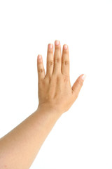 Female hand gesture number five closeup isolated on a white background