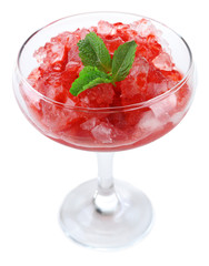 Frozen Strawberry dessert in glass, isolated on white