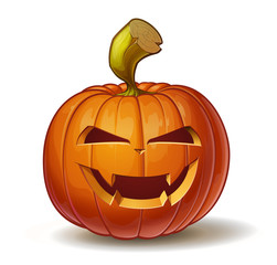 Cartoon vector illustration of a Jack-O-Lantern pumpkin curved in a vampire expression, isolated on white. Neatly organized and easy to edit EPS-10