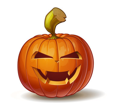 Cartoon vector illustration of a Jack-O-Lantern pumpkin curved in a vampire expression, isolated on white. Neatly organized and easy to edit EPS-10