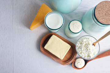 Dairy products on wooden table