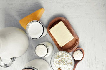 Dairy products on wooden table