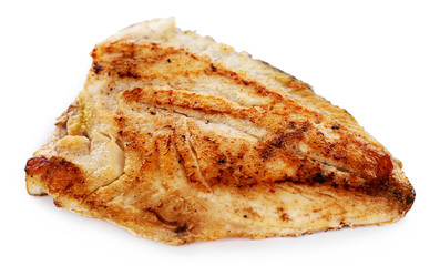 Test roasted fish fillet on plate isolated on white