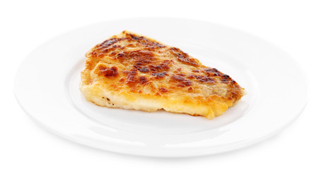 Test roasted fish fillet on plate isolated on white