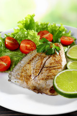 Dish of fish fillet with salad and lime on bright background