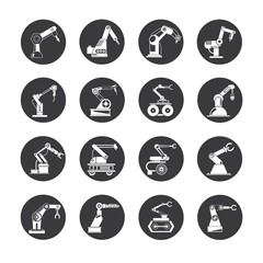 robot icons, industrial robotic arm icons