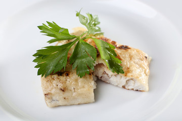 Dish of fish fillet with parsley on plate close up
