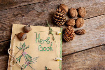 Obraz premium Old book with cones and nuts on table close up