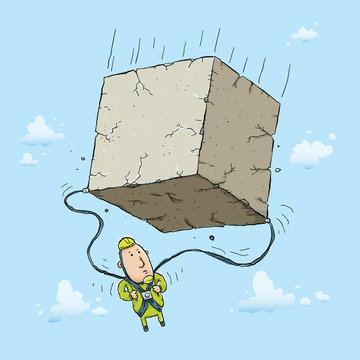 A cartoon skydiver opens his parachute to find a giant block of concrete instead.