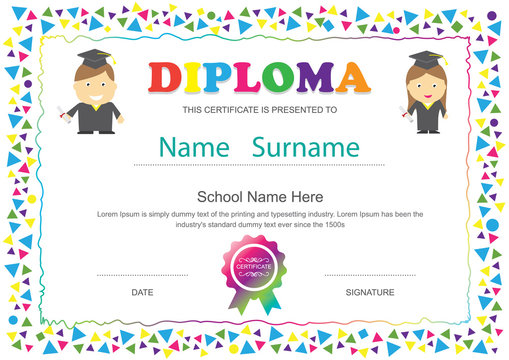 Preschool kids diploma certificate elementary school design temp