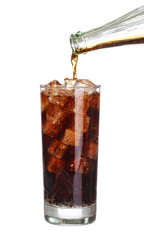 bottle pouring coke in drink glass with ice cubes Isolated on wh
