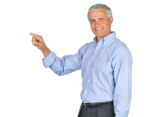 Businessman in Blue Shirt Smiling and Pointing