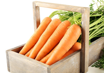 Young carrots in wooden box isolated on white