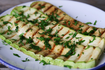 Grilled vegetable mallow in white plate, closeup