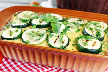 Casserole with vegetable mallow on table, closeup