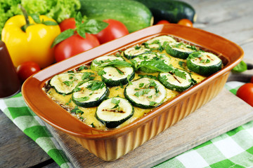 Casserole with vegetable mallow on table, closeup