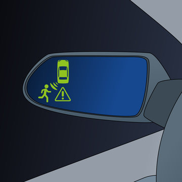 Blind Spot Monitoring in side mirror of vehicle, image illustration
