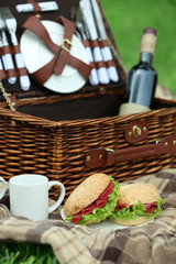 Wicker picnic basket, tasty sandwiches  and plaid on green grass, outdoors