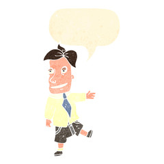 retro cartoon salesman with speech bubble