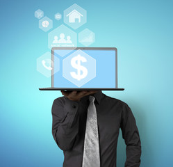 man showing  laptop against