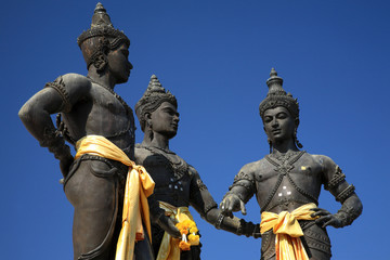 Close up of Three Kings Monument in the center of Chiang Mai, Thailand. The sculpture of the three kings is a symbol of Chiang Mai