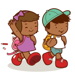 African American girl and boy students walking to school. Vector illustration