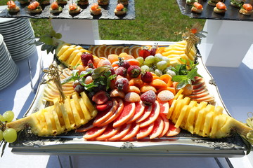 Assorted fruit and canapes the buffet outdoors