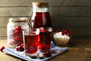 Sweet homemade cherry compote on table on wooden background
