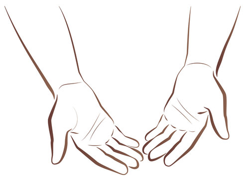 Empty-handed. Two hands of a poor man showing his empty hands. Isolated vector outline illustration on white background.