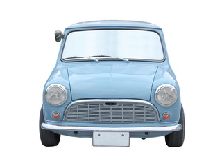 light blue small mini vintage car isolated on white