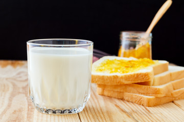 Breakfast with bread, jam and milk
