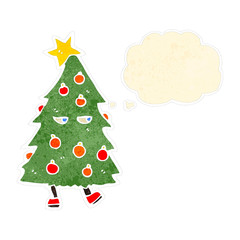 retro cartoon christmas tree with thought bubble