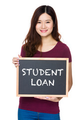 Asian Young woman hold with chalkboard and showing phrase of stu