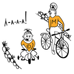 Mother and daughter cyclists comic vector illustration