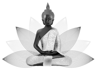 Meditating Buddha posture in silver and black colors in lotus