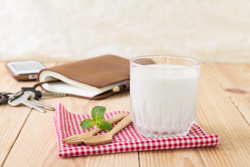 Breakfast with milk and note book leather