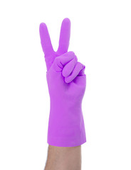 Obraz premium Hand in rubber gloves gesturing, close up