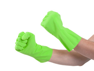 Hands in a rubber gloves gesturing fist