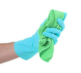 Hand wearing rubber glove and hold rag(mop)