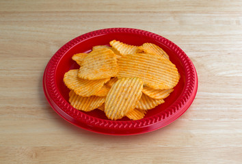 Plate of cheddar cheese flavored potato chips
