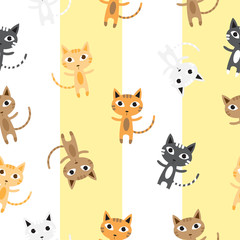 Seamless pattern with cute cartoon kittens of different coloring on a striped background.