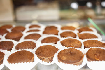 Sweet food/Chocolate muffins ready to eat. Bakery shop.