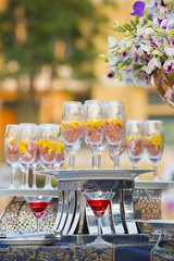 Luxury food and drinks on wedding table.