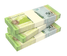 Venezuelan Bolivares isolated on white background. Computer generated 3D photo rendering.