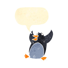 retro cartoon penguin with speech bubble