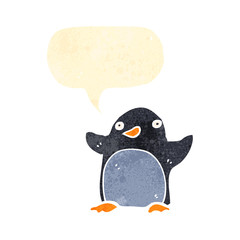 retro cartoon penguin with speech bubble