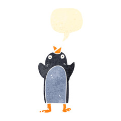 retro cartoon penguin with speech bubble