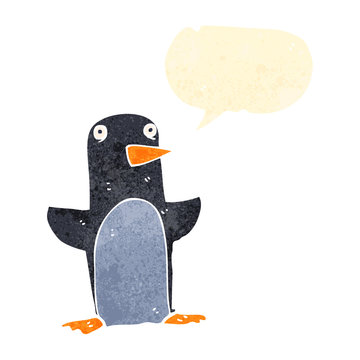 retro cartoon penguin with speech bubble